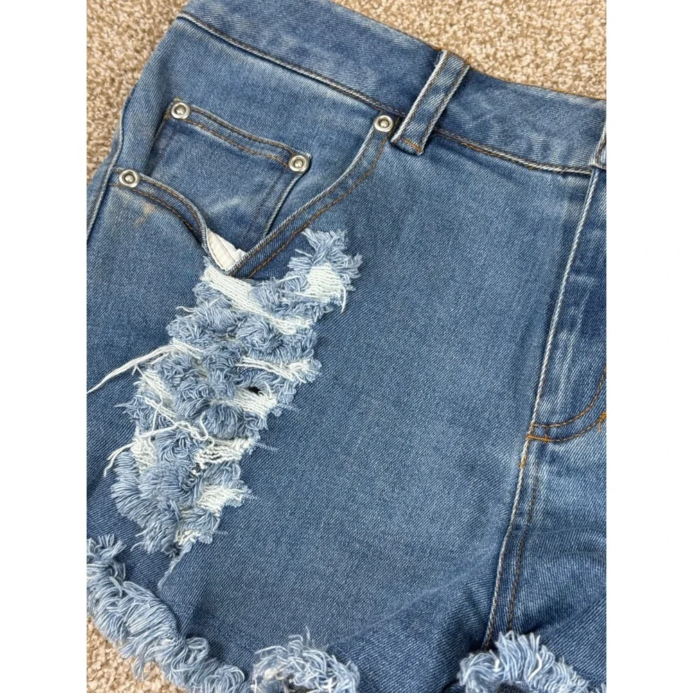 Sugar + Lip2 Womens Distressed‎ Denim Shorts Medium Wash Blue Frayed Hem Size M